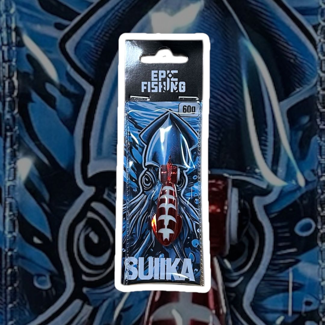 Packaged 60g fishing jig with 'Epic Fishing' and 'Suiika' branding on a blue and black background.

